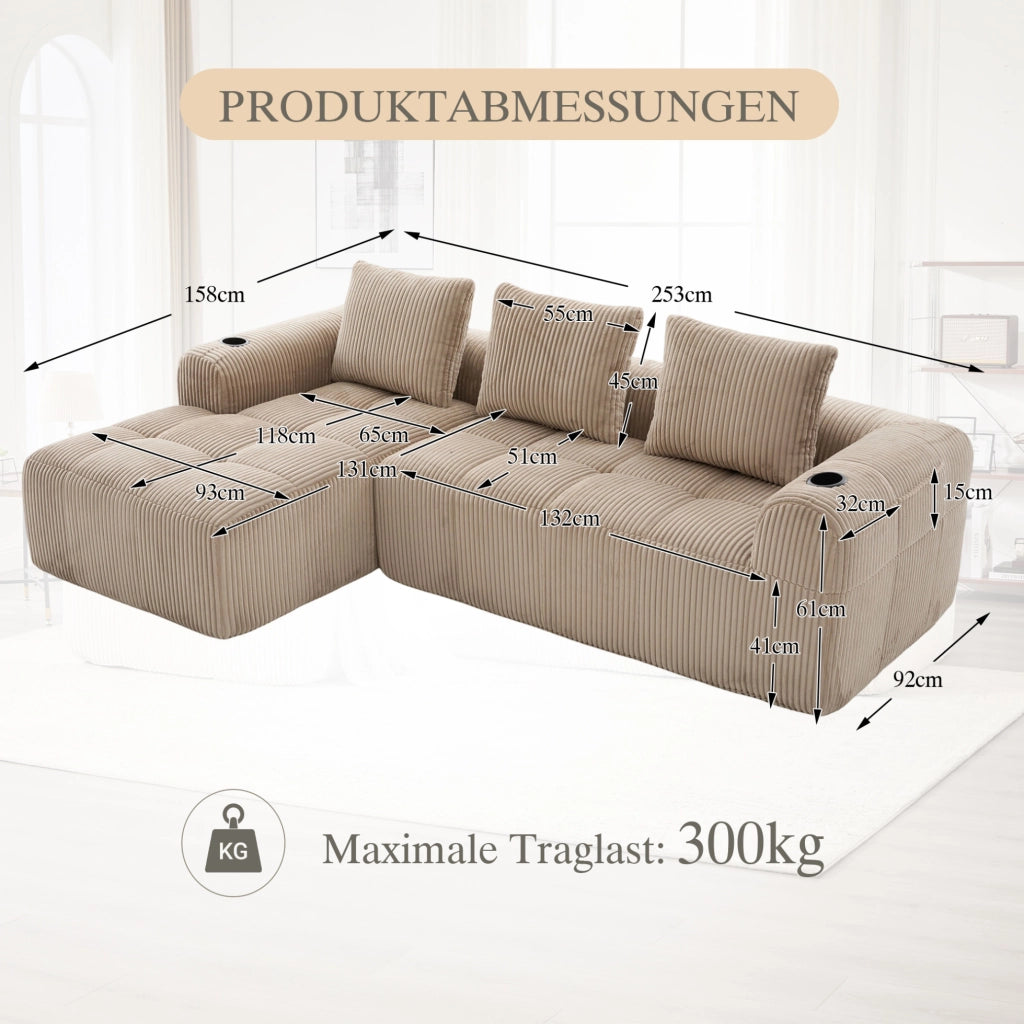Divano compatto modulare in corduroy khaki 253x158x61 cm; con tasche laterali e portabicchieri