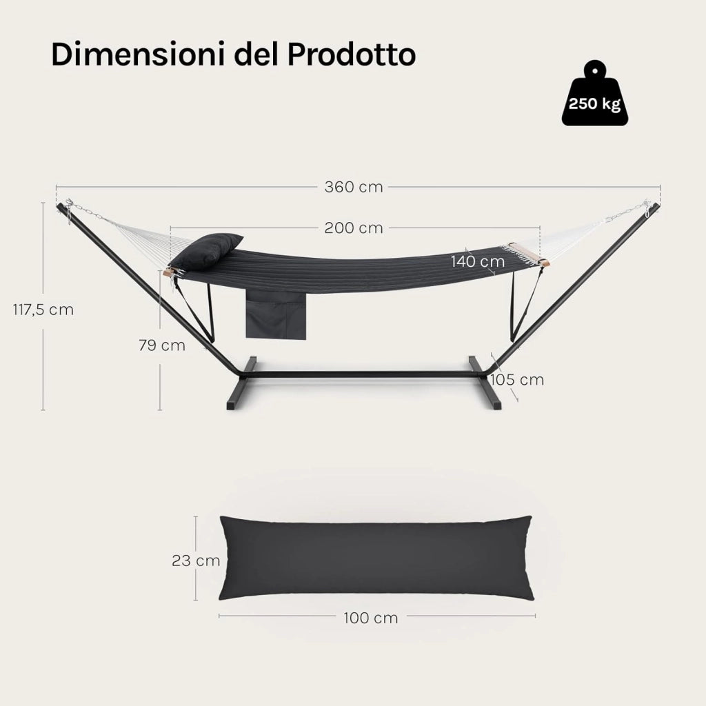 Amaca da Giardino con Supporto, Tasca Laterale e Cuscino, Capacità di Carico 250 kg, Ampia Amaca Doppia per Terrazza, Balcone, Campeggio, Antracite