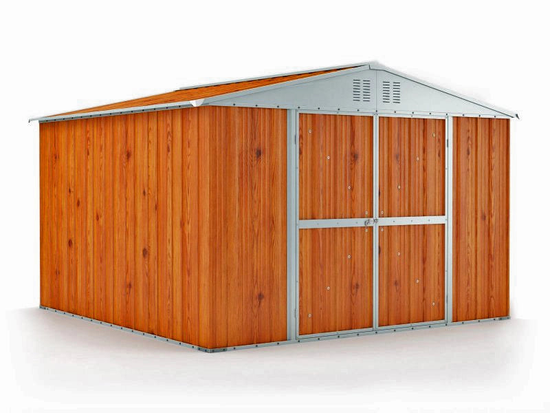 Casetta lamiera deposito attrezzi Box in Acciaio Zincato 327x307cm x h2.17m - 145KG - 9,4mq - LEGNO