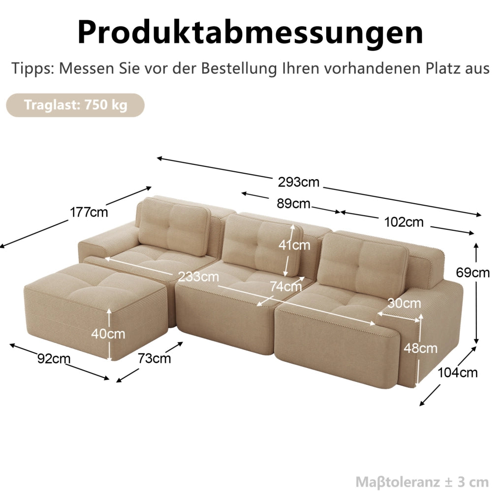 Divano modulare in velluto a coste beige; design boneless con seduta profonda e senza montaggio