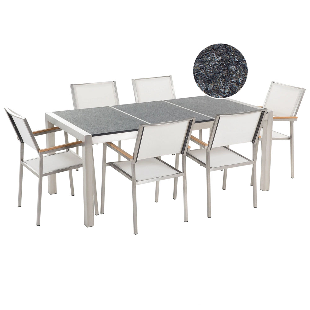 Set da Giardino Tavolo Piano Basalto Fiammato 6 Sedie Bianche 180 x 90 cm