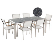Set da Giardino Tavolo Piano Basalto Fiammato 6 Sedie Bianche 180 x 90 cm