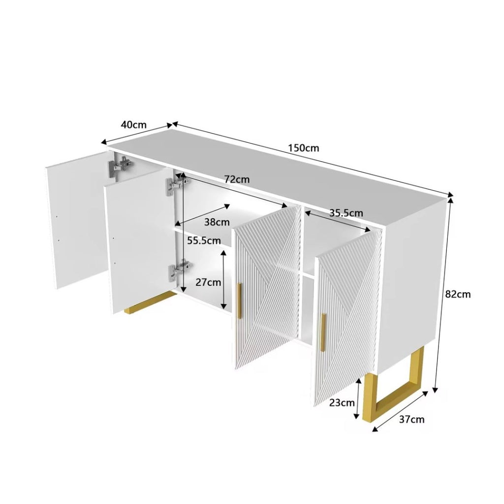 Credenza 150x40x82 cm bianca in MDF e pannello truciolare, 4 ante