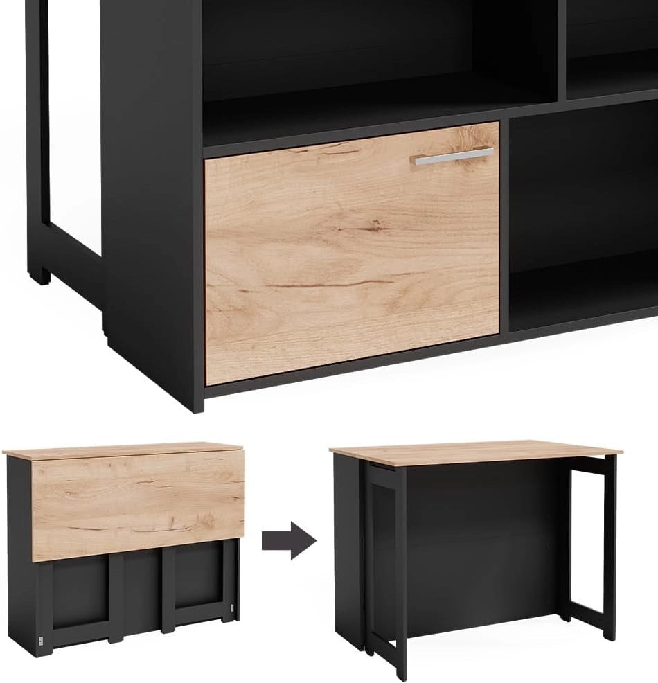 Tavolo bar alto Dominic, Quercia dorata, 116 x 37 cm 4x scomparti aperti e 1x porta, piano del tavolo pieghevole per un utilizzo flessibile in spazi ridotti