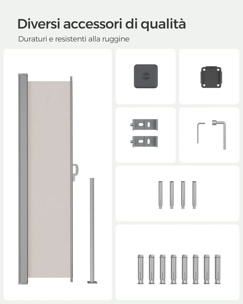 SONGMICS Paravento da Esterno, Tenda da Sole Laterale, Antiruggine, Estensibile, 200 x 300 cm, Frangivista, Parasole Ombreggiante, Tenda da Esterno Balcone Terrazzo Giardino, Beige GSA200K02