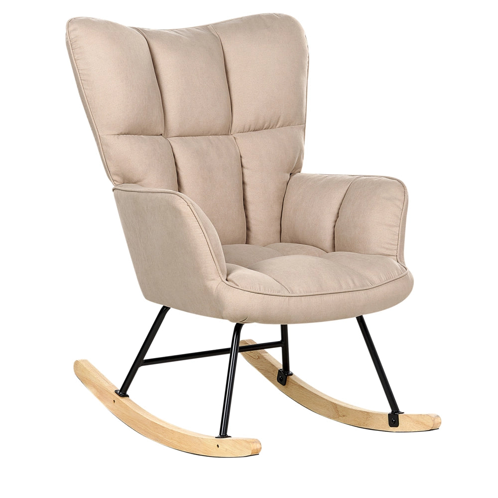 Sedia a dondolo Beige Tessuto poliestere Rivestimento Gambe di legno Pattini Moderna Biscuit Tufting