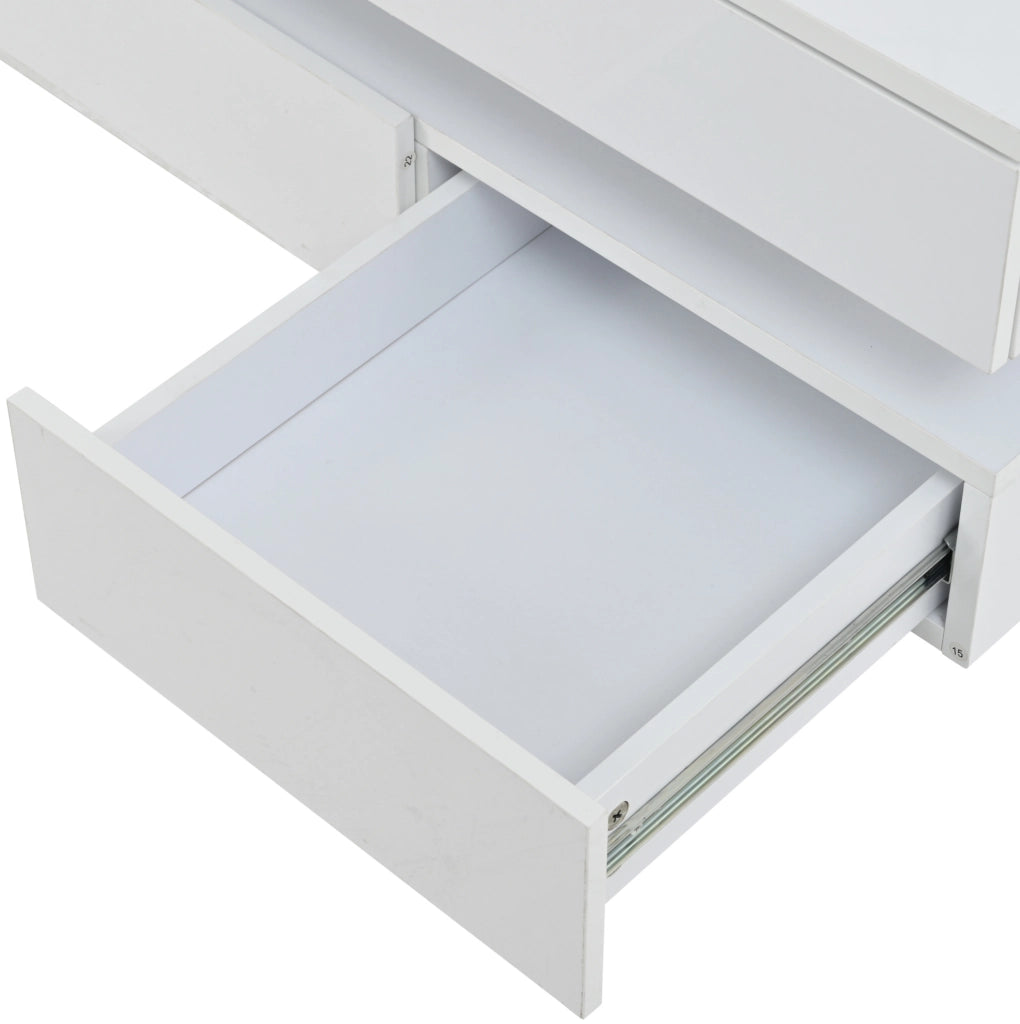 Tavolino da caffè quadrato 70x70x35 cm con LED; piano in vetro temperato e 3 cassetti; bianco
