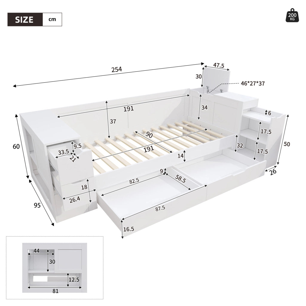 Letto per bambini multifunzione con cassetti e vano contenitore; MDF bianco
