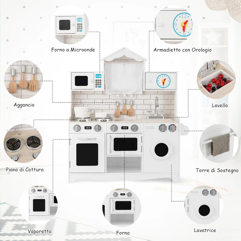Cucina Giocattolo per Bambini, Cucina Legno per Bambini con Lavatrice, Piano, Cottura Forno e Microonde, 3 Anni+, Bianco