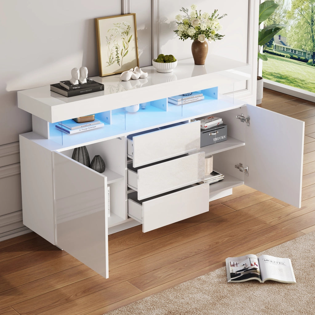 Sideboard moderno 140 x 35 x 80 cm bianco lucido con LED, 3 cassetti e 2 ante