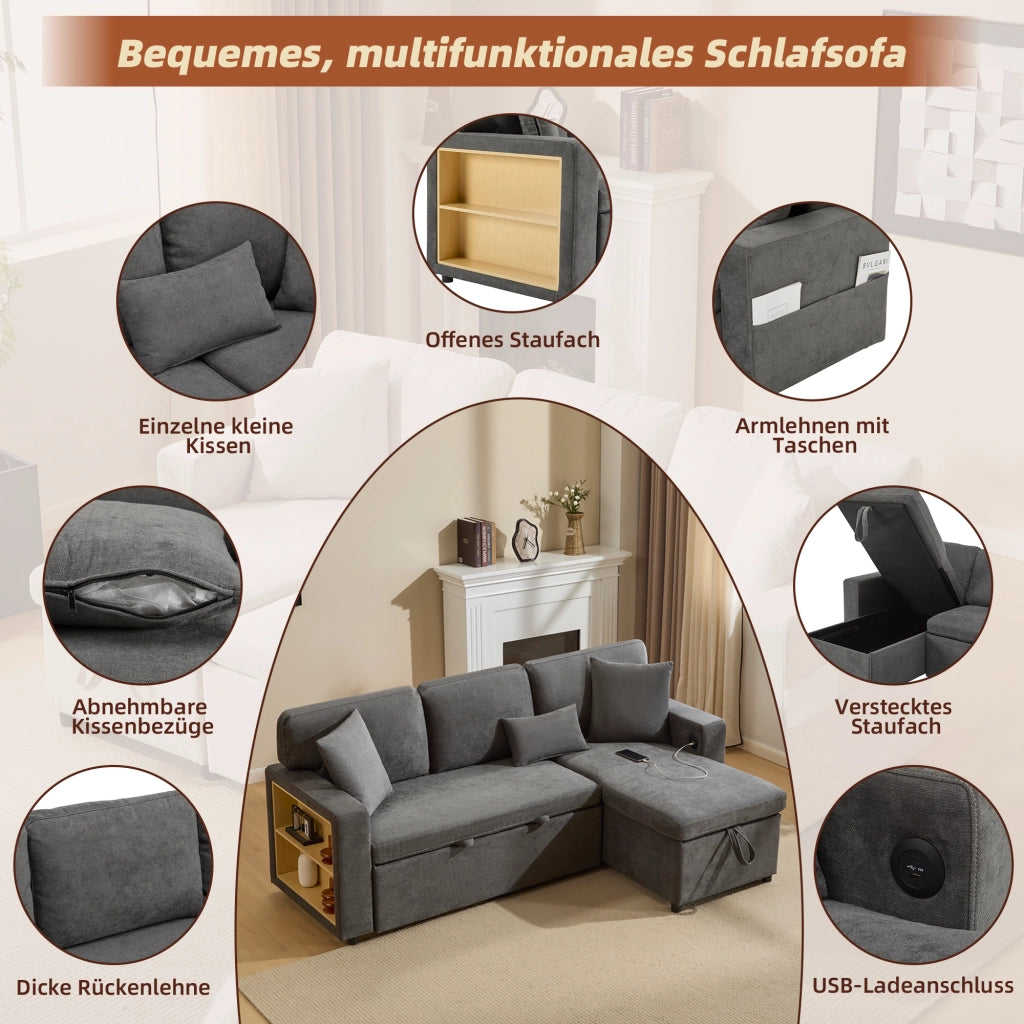 Divano angolare letto 4 posti - con USB; contenitore e 3 cuscini - in tessuto - grigio scuro