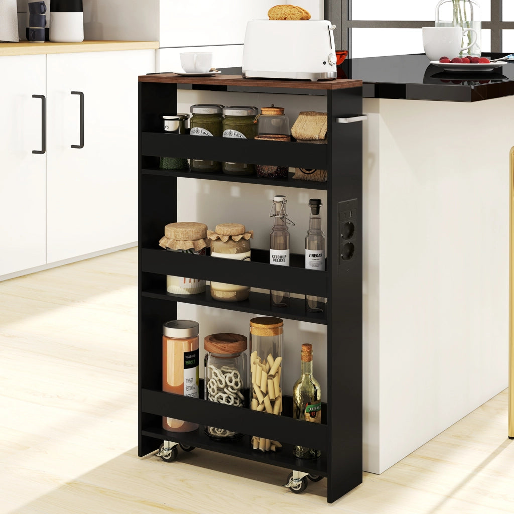 Carrello da cucina 4 ripiani con stazione di ricarica maniglia e parapetti-Scaffale stretto a sfilo con ruote bloccabili per cucina  Nero e noce