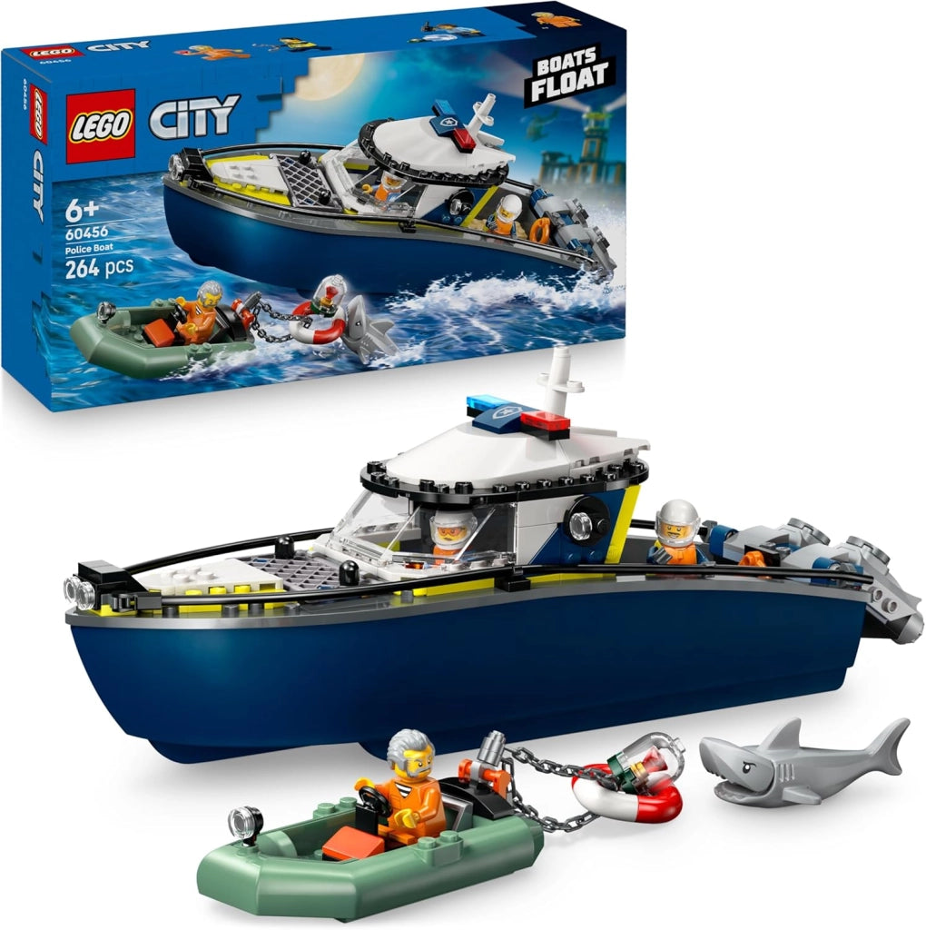 LEGO City Inseguimento del Motoscafo della Polizia ? Include 2 Barche Giocattolo, 3 Minifigure e una Figura di Squalo,Et
