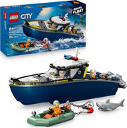 LEGO City Inseguimento del Motoscafo della Polizia ? Include 2 Barche Giocattolo, 3 Minifigure e una Figura di Squalo,Et