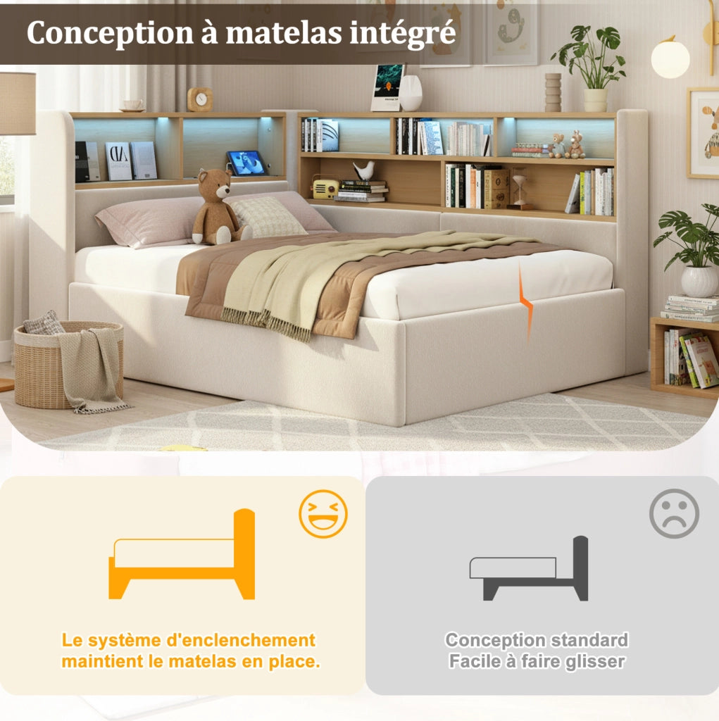 Daybed con contenitore idraulico; LED; USB e Type-C; velluto beige; 225x110x90 cm