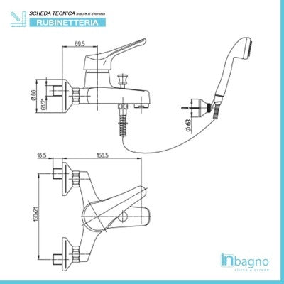 Set miscelatori lavabo bidet e vasca con kit doccia cromati Piralla Ariel scarico incluso