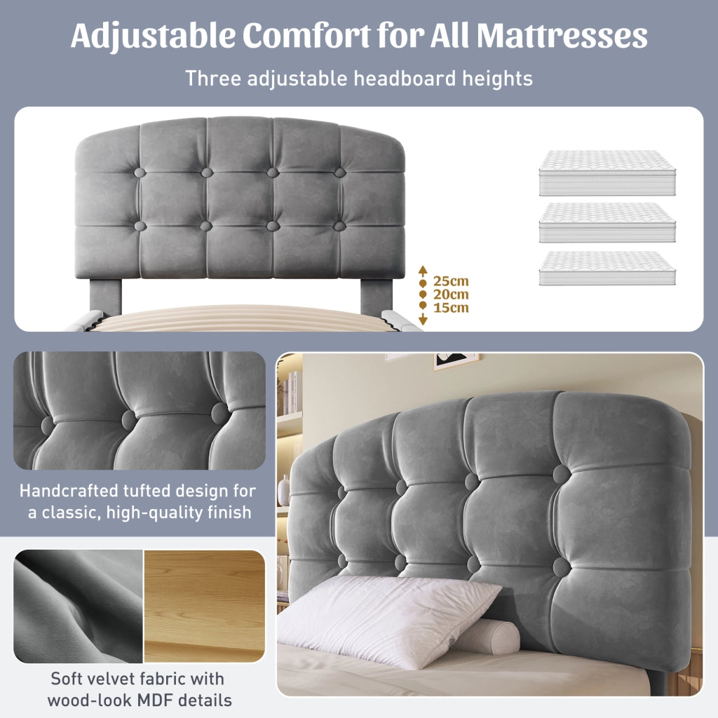 DESMIU Letto con cassetti 90 × 200 cm singolo con vano contenitore e testiera regolabile, senza materasso, velluto grigio