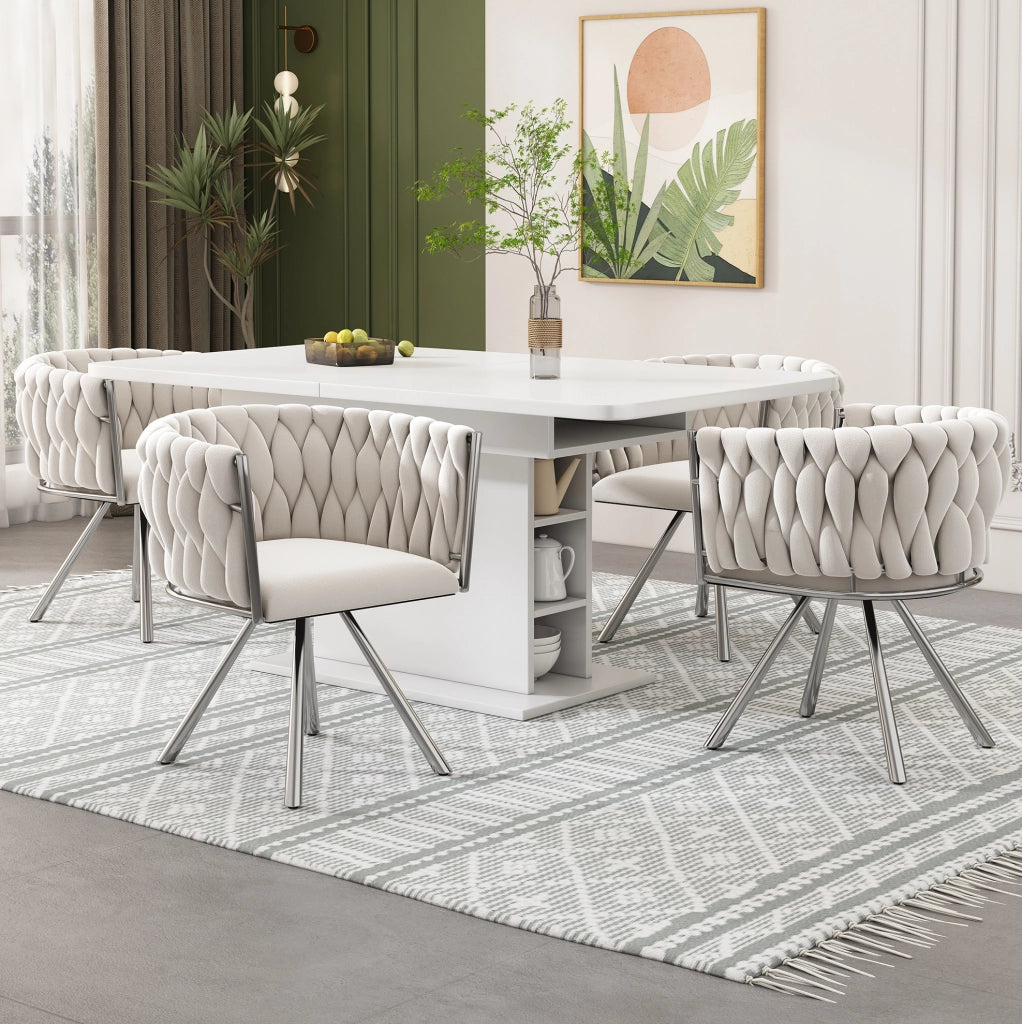 Set da 2 Sedie da Pranzo in Velluto Beige con Base Girevole in Metallo Argento