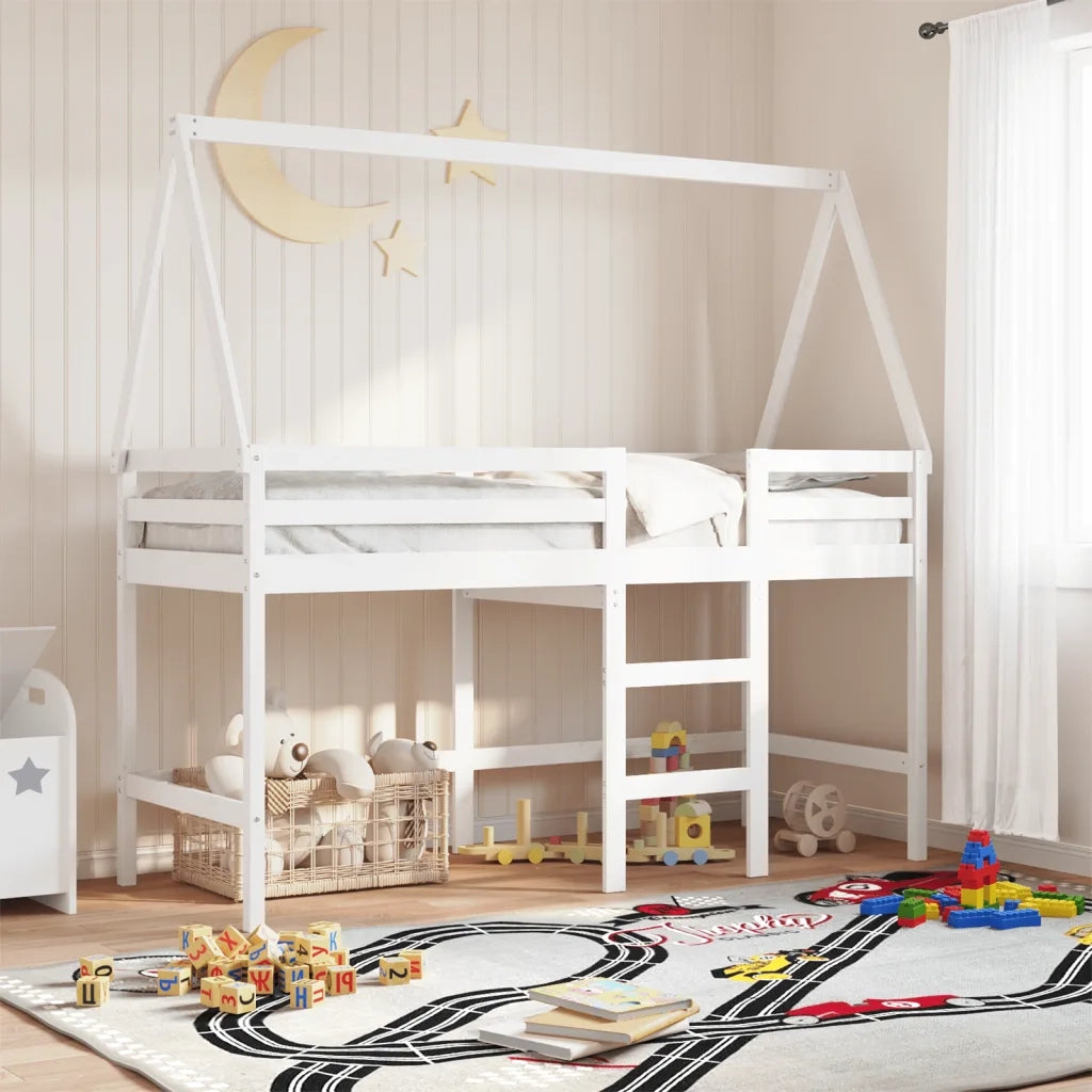Letto Soppalco con Scala e Tetto Bianco 90x190 cm Massello Pino