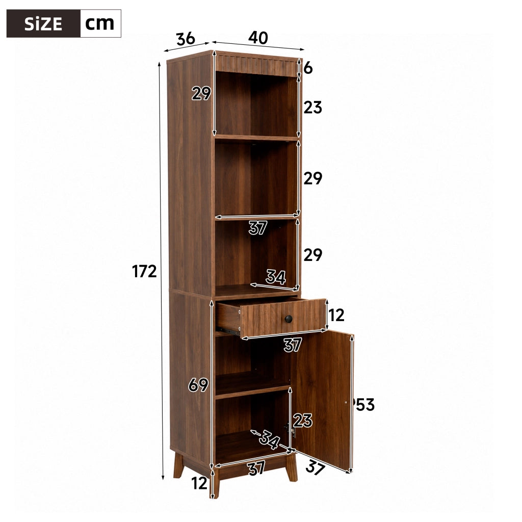 Colonna bagno con 1 anta reversibile; 1 cassetto e vani aperti con chiusura soft-close per bagno; in MDF; noce