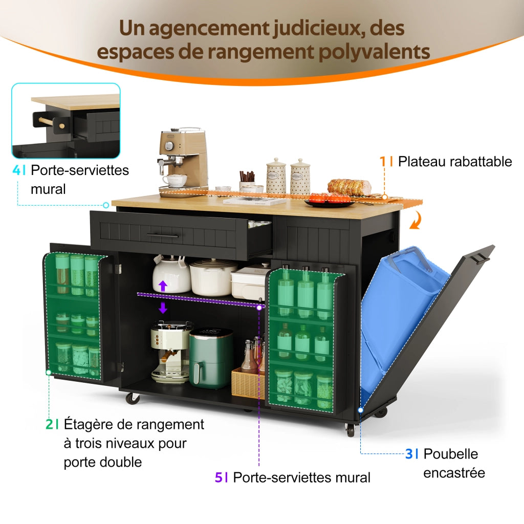 Isola da cucina con piano pieghevole; mobile contenitore; cassetto; ruote bloccabili; per cucina; 130 × 70 × 93 cm