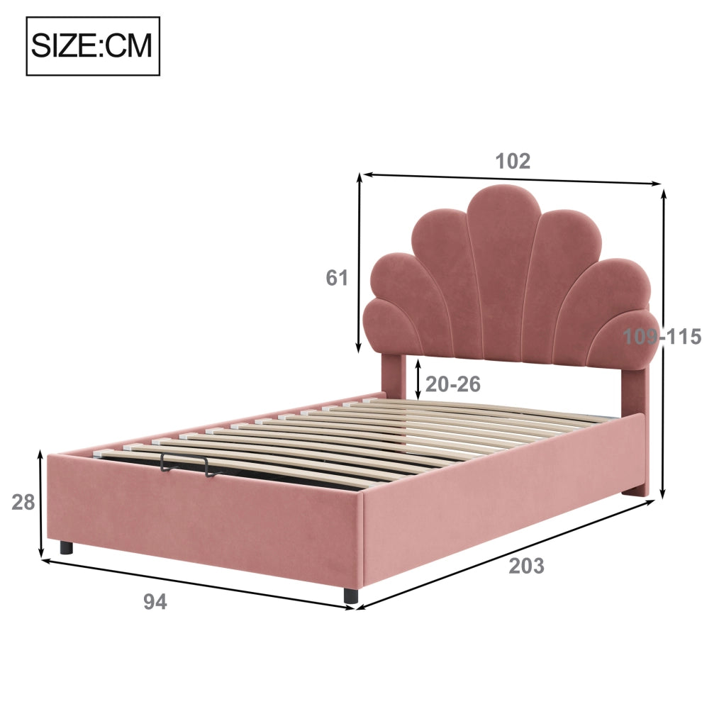 Letto imbottito 90x200 cm in velluto rosa con testiera floreale e vano contenitore
