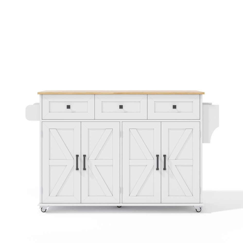 Isola Cucina con Piano Pieghevole, 4 Porte, 3 Cassetti e Ruote ¨C Xylo ¨C Bianco 140x43x90.5 cm