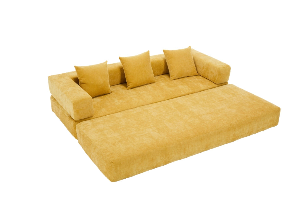 Divano modulare in ciniglia con tasche laterali, base antiscivolo e montaggio rapido, giallo senape 198 × 79 × 60 cm