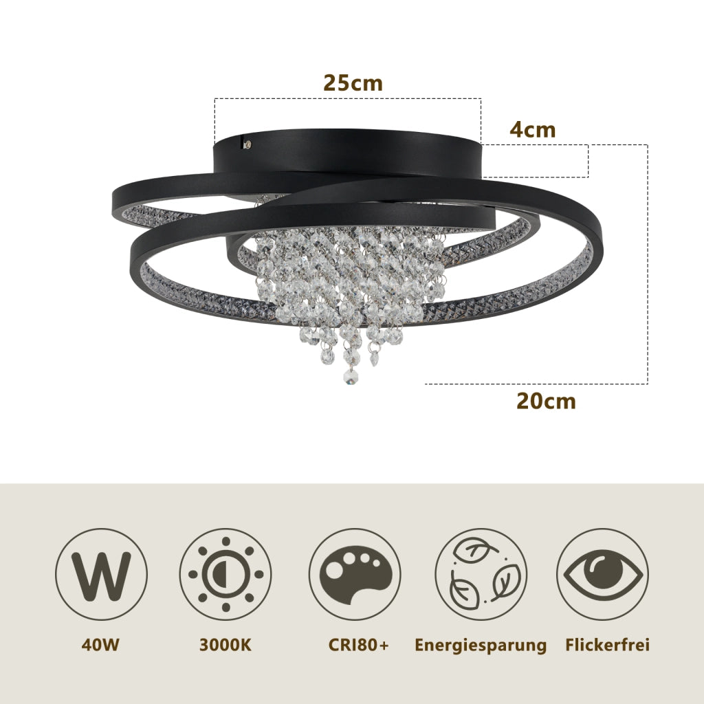 ZMH Plafoniera LED moderna rotonda nera luce bianca calda 3000K 40W lampada di cristallo per corridoio ufficio o studio