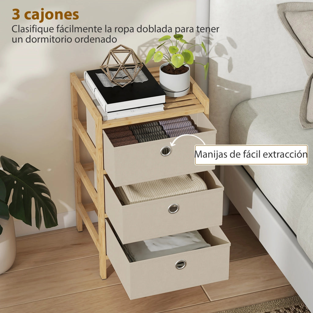 C¨®moda con 3 cassetti in tessuto e struttura in bamb¨´ ¨C zephmum ¨C crema/naturale