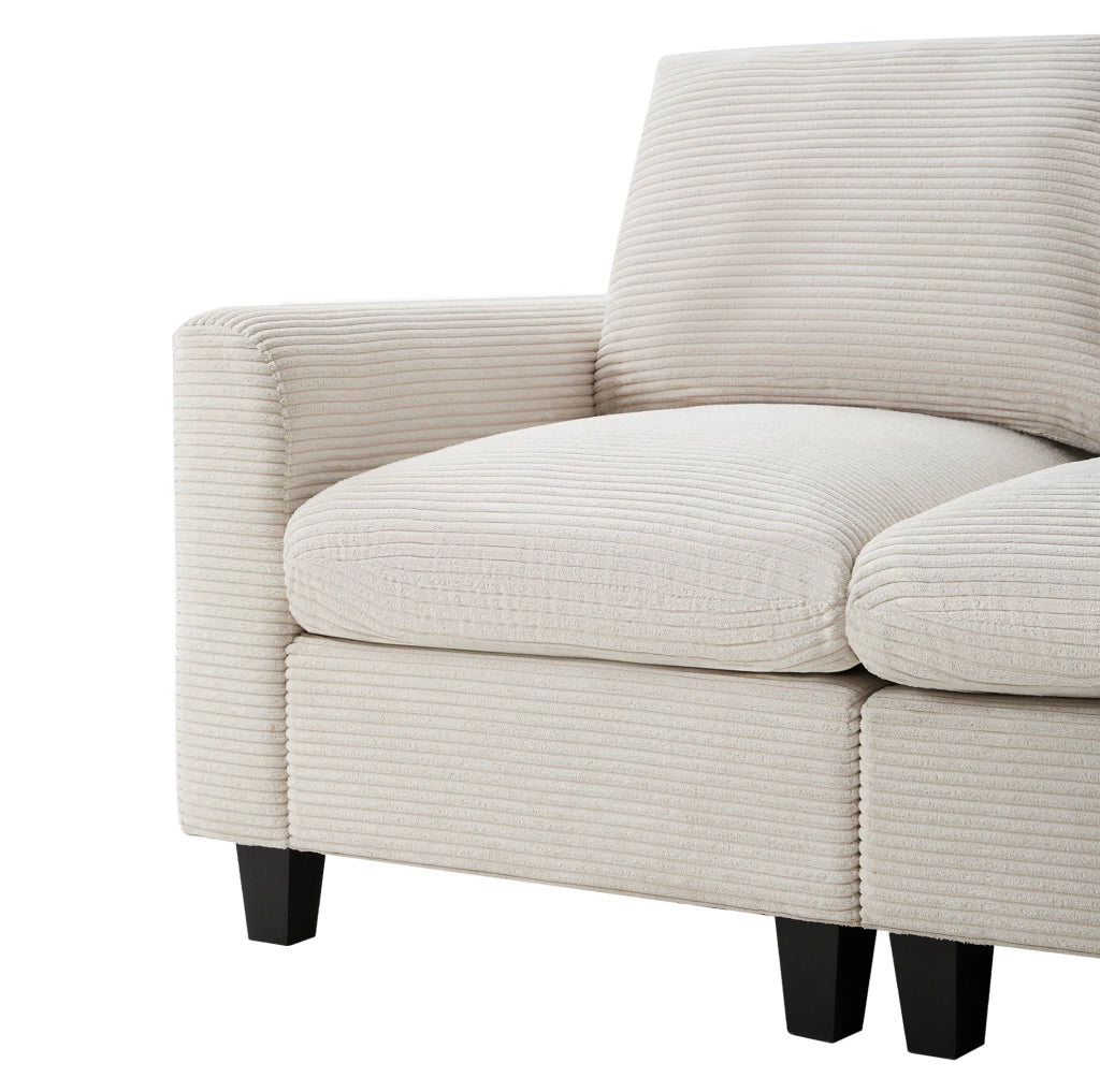 Divano angolare modulare 4 posti con console; 2 portabicchieri; 2 porte USB; pouf e cuscini in velluto a coste beige