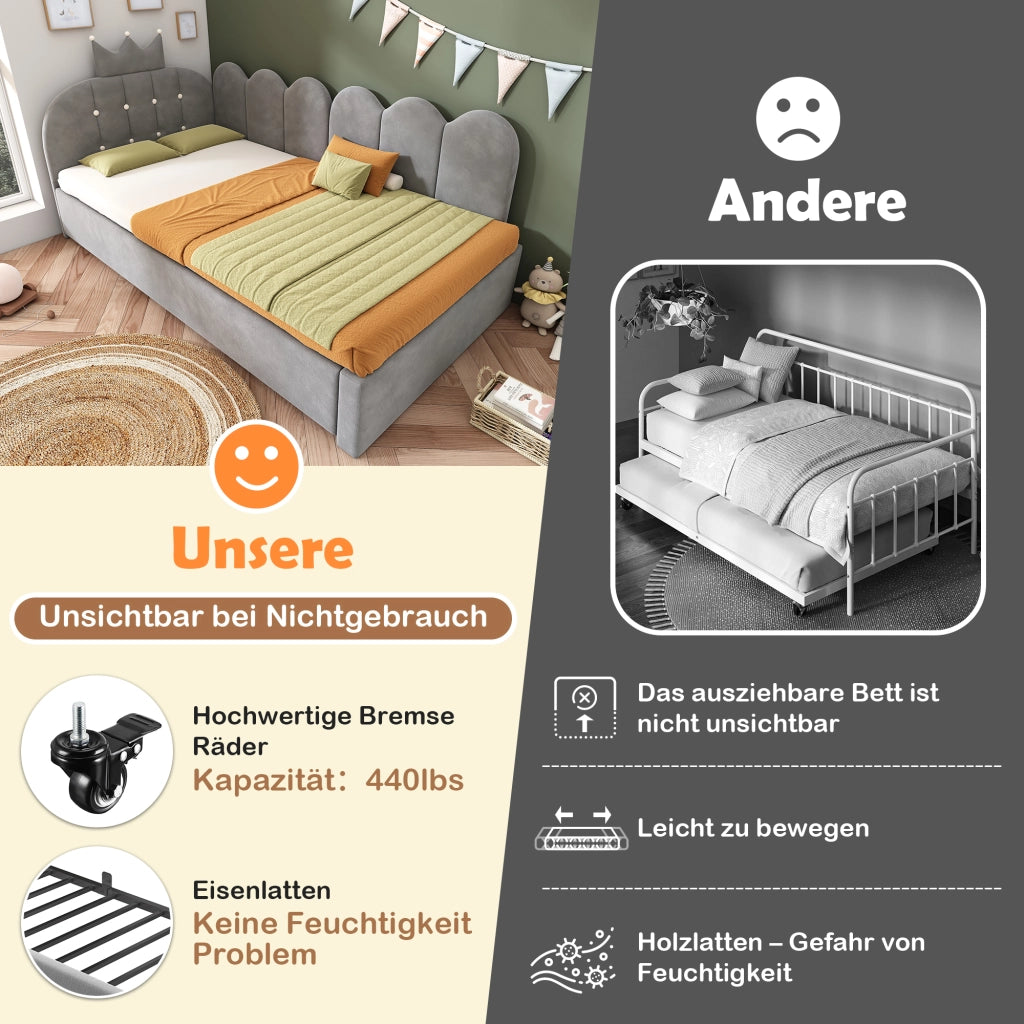 Letto divano estraibile 90 × 200 cm e 90 × 190 cm con vano letto, senza materasso, in velluto grigio