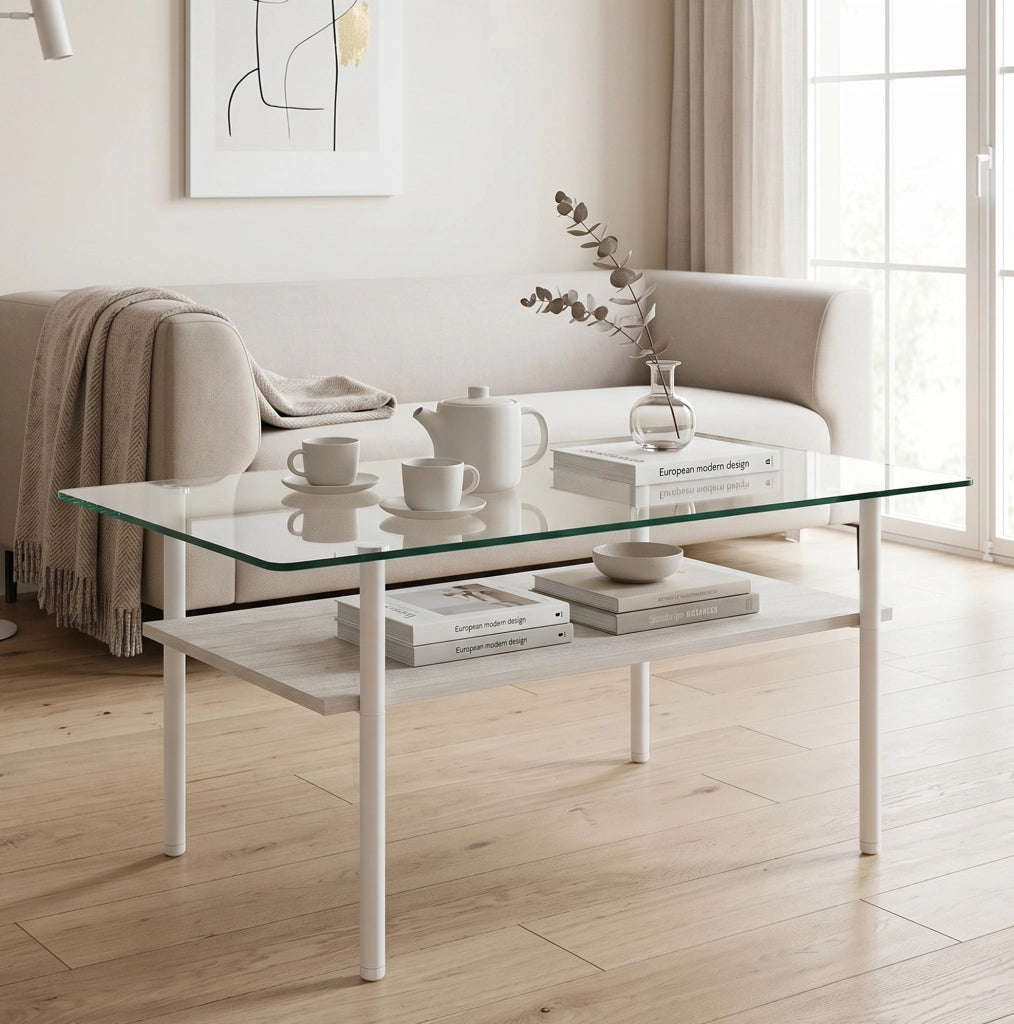Tavolino da caffè rettangolare con piano in vetro e ripiano MDF bianco