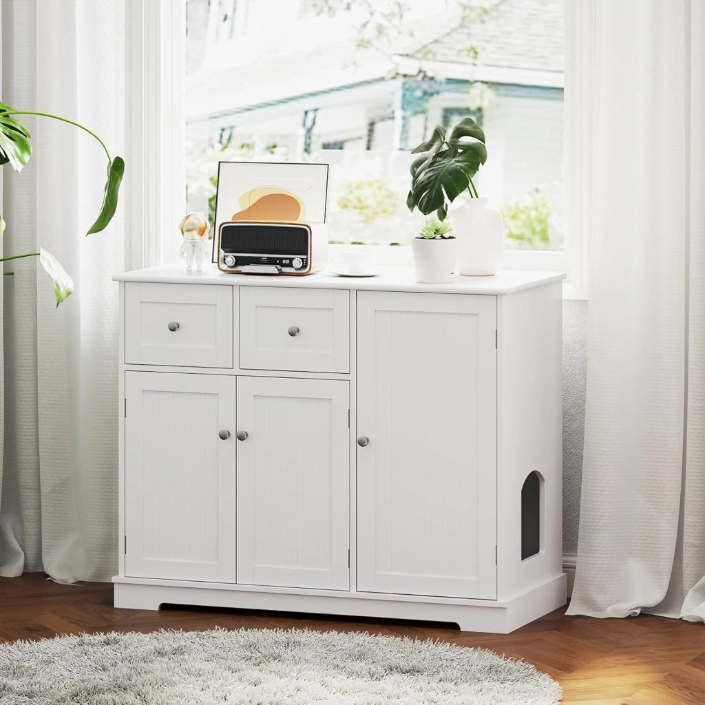 Maison de Toilette Chat, Mobile per Lettiera per Gatti con 2 Cassetti, 3 Ante e Ingresso Laterale e Dispositivo Anti-Rovesciamento, per Interni, 100 X 45 X 80 CM, Bianco