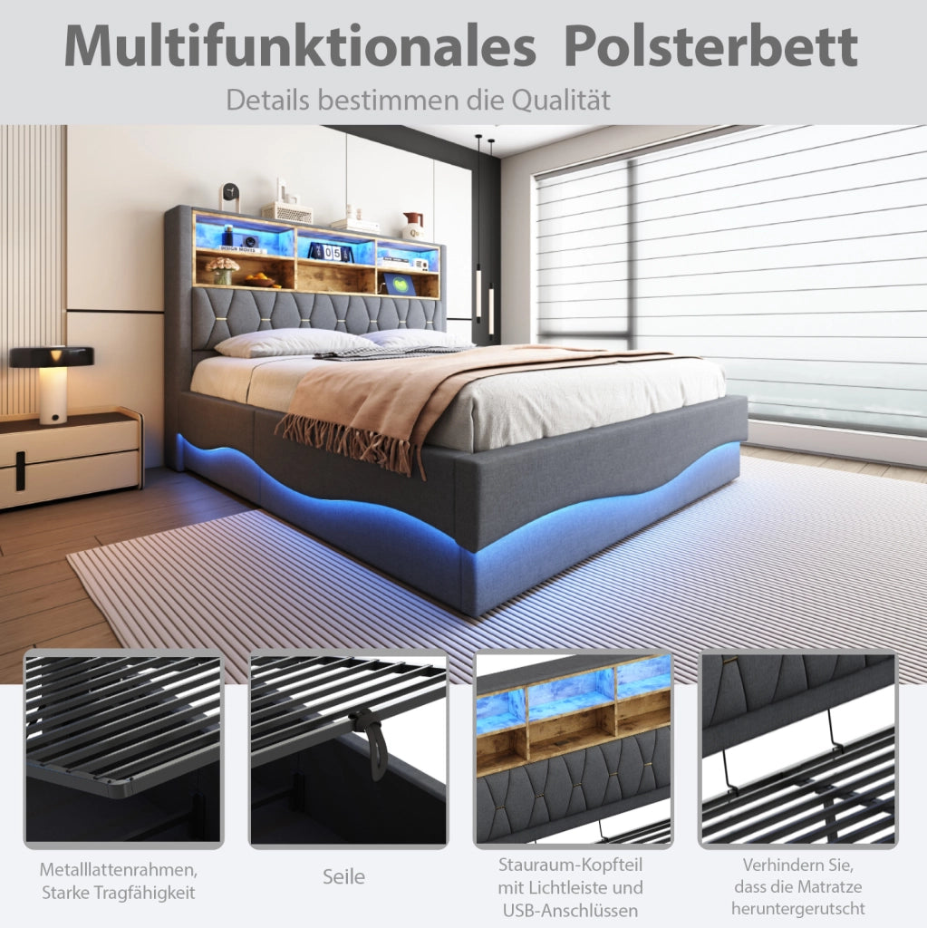 Letto imbottito 140x200 cm con LED, USB e vano contenitore