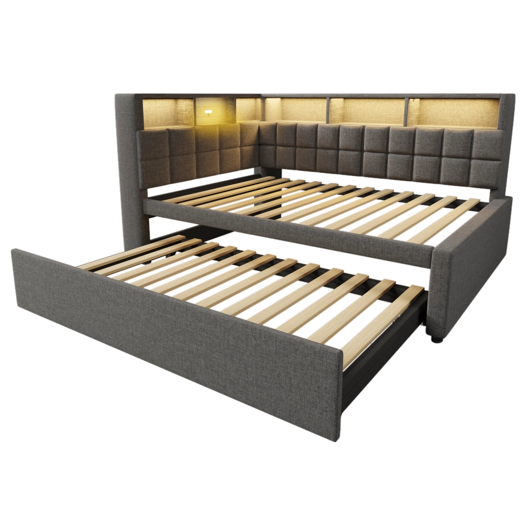 Letto imbottito 90x200 cm con letto estraibile; LED; Bluetooth; USB-A e USB-C; grigio