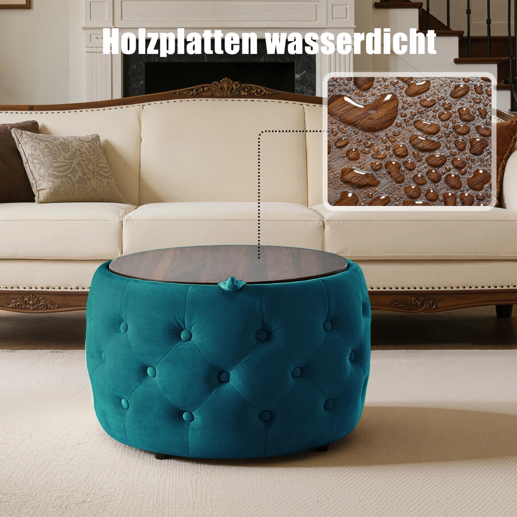 Pouf contenitore in velluto con vano portaoggetti e vassoio in legno blu 58 × 58 × 38 cm