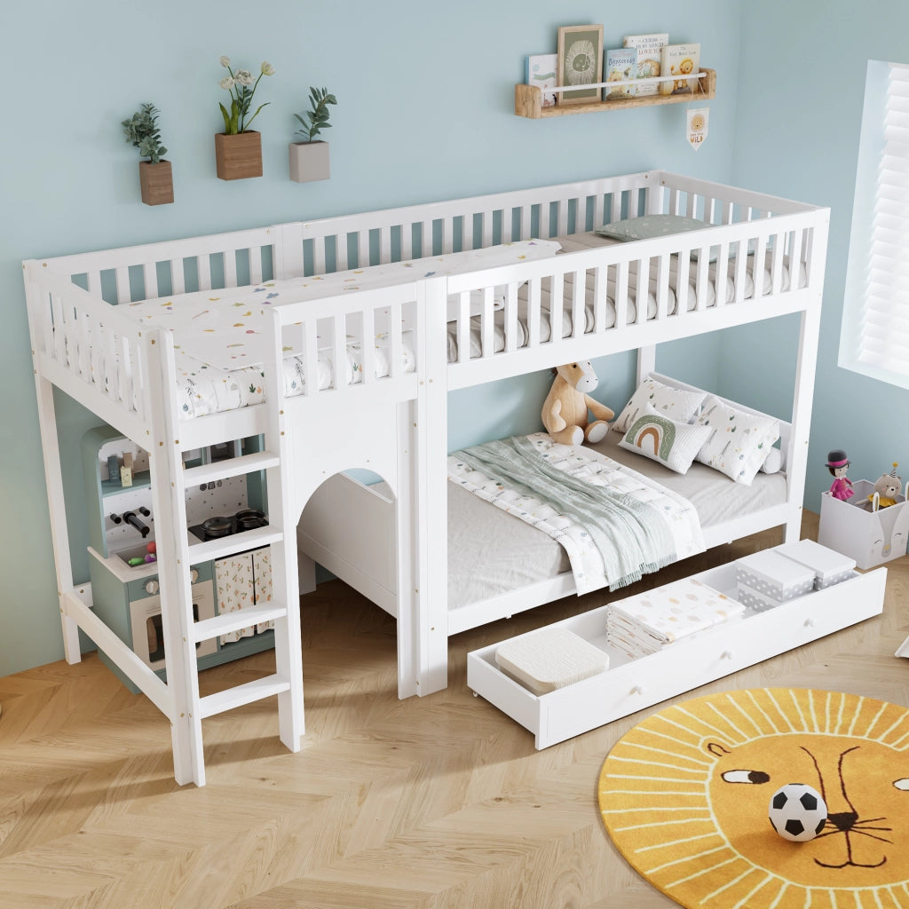 Letto a castello per bambini 90x200 cm, scala dritta a 4 gradini, sponde su 4 lati, bianco/naturale