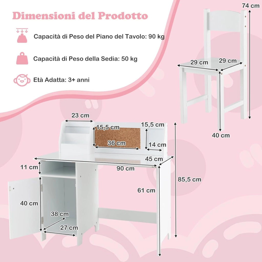 Scrivania per Bambini con Sedia, Set Tavolo e Sedia con Lavagna, Pennarello, Armadietto e Bacheca, Postazione Computer per Studenti e Tavolo da Scrittura per 3+ Anni (Bianco)