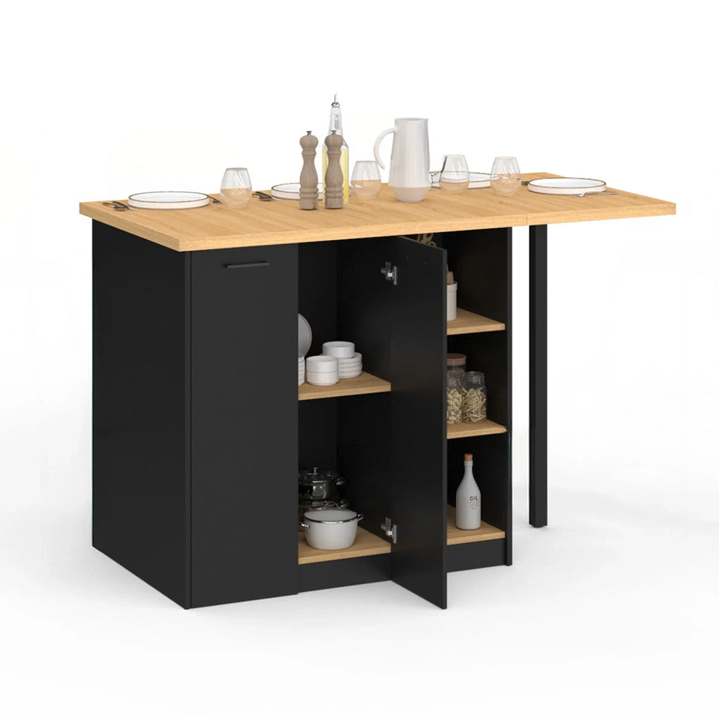 IDMarket - Isola centrale CESAR 140 cm in legno nero con piano di lavoro effetto faggio