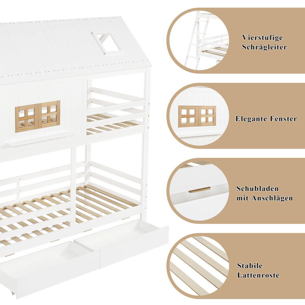 Letto a Castello 90x200 cm - con 2 Cassetti; Finestre e Tetto - Bianco Naturale