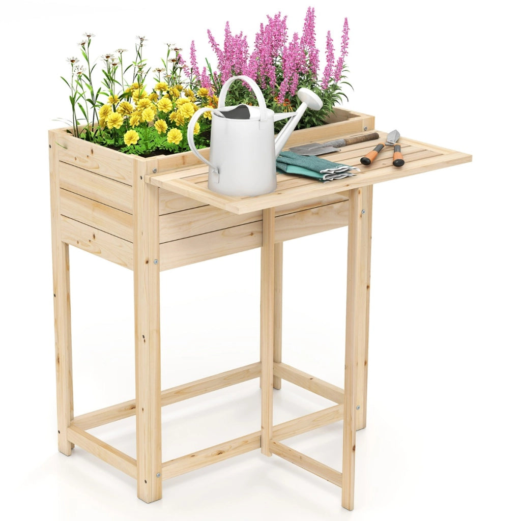 Letto da giardino rialzato in legno con gambe e tavolino laterale pieghevole, Fioriera elevata per fiori e verdure Naturale-Fioriere