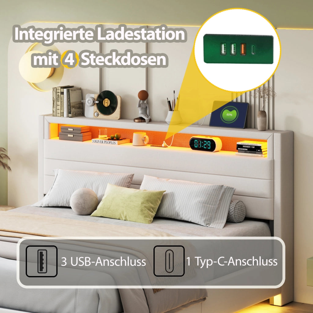 LETTO Imbottito 160x200 cm Beige con USB, LED e contenitore idraulico
