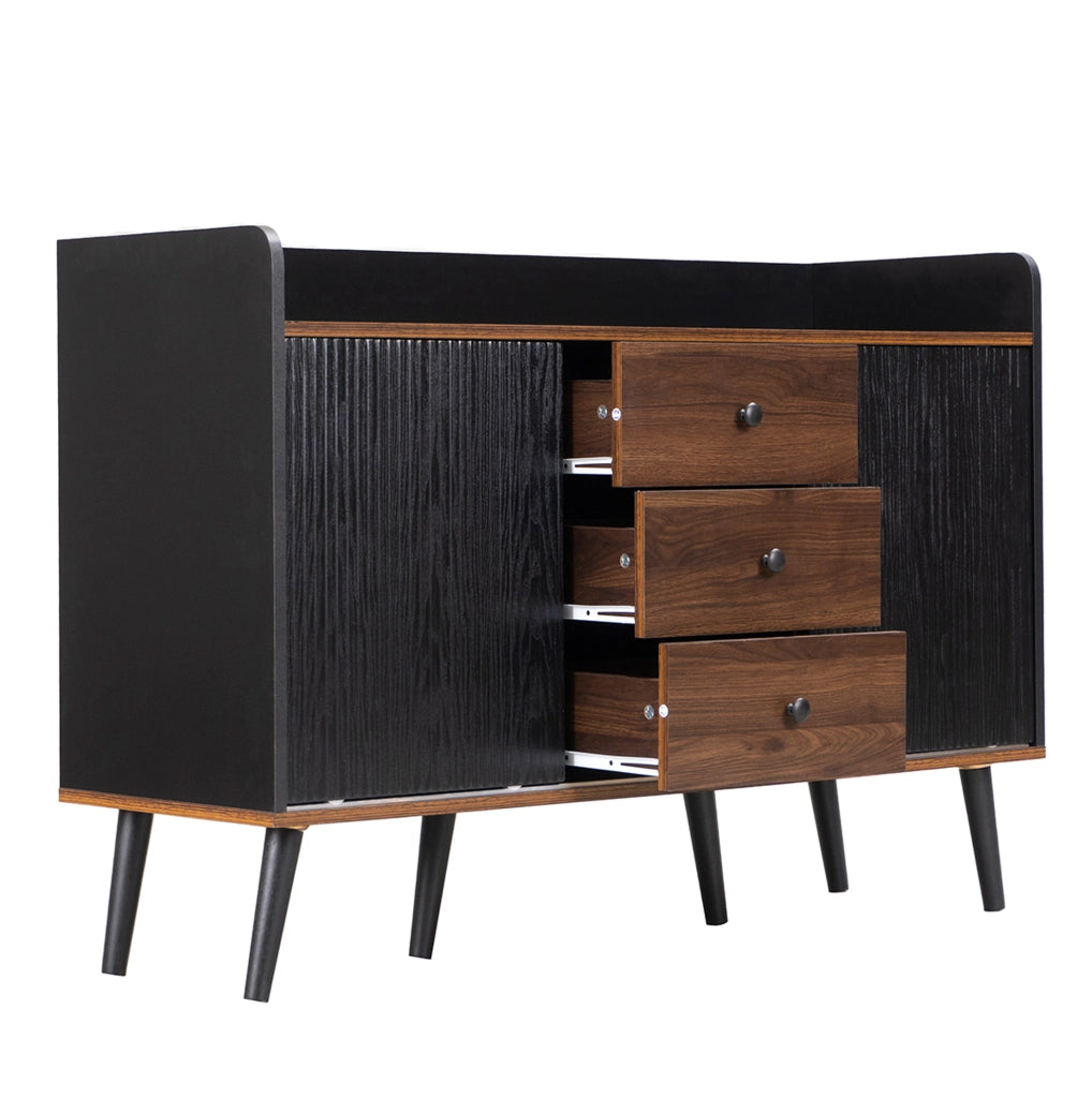 Sideboard 117.5x40x80 cm con 3 cassetti; ante scorrevoli e ripiani; nero e legno