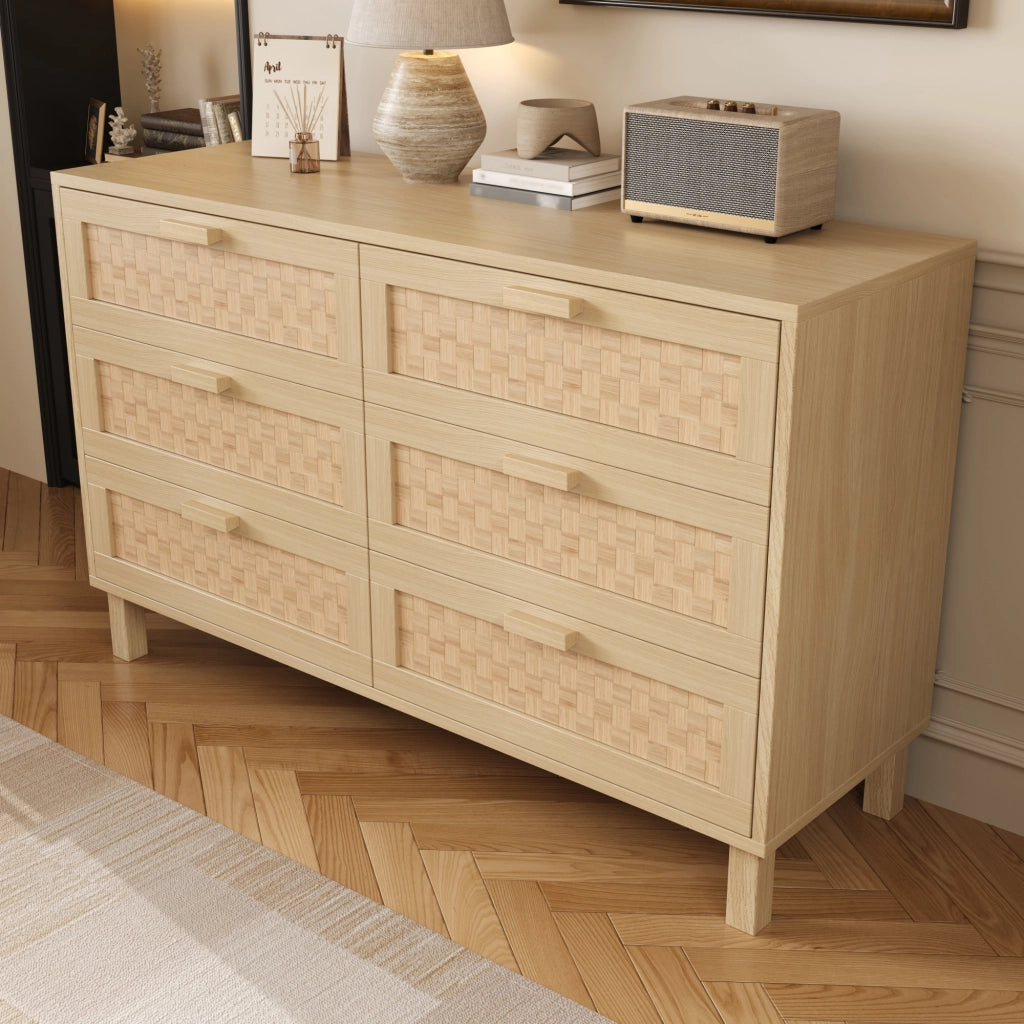Credenza con 6 Cassetti; Frontali Effetto Rattan; Stile Naturale; in Pannello di Truciolare; 120??40??75 cm; Naturale