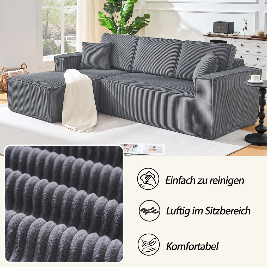 Divano angolare modulare 2 posti con chaise longue in velluto a coste grigio per soggiorno
