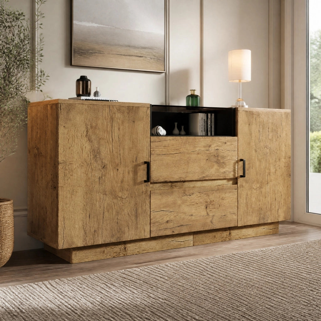 Credenza in finitura rovere con 2 cassetti, 2 ante e vano aperto, H70 L140 P40 cm