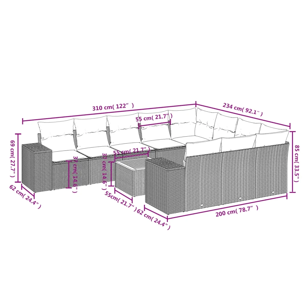 Set Divani da Giardino 11 pz con Cuscini in Polyrattan Nero 3257953