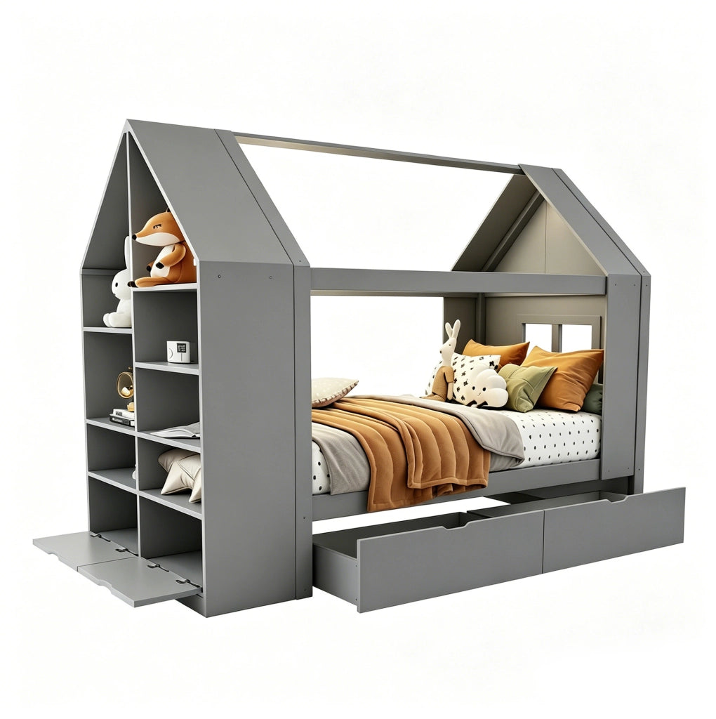 Letto per bambini 90x200 cm con cassetti, LED e vani contenitivi grigio