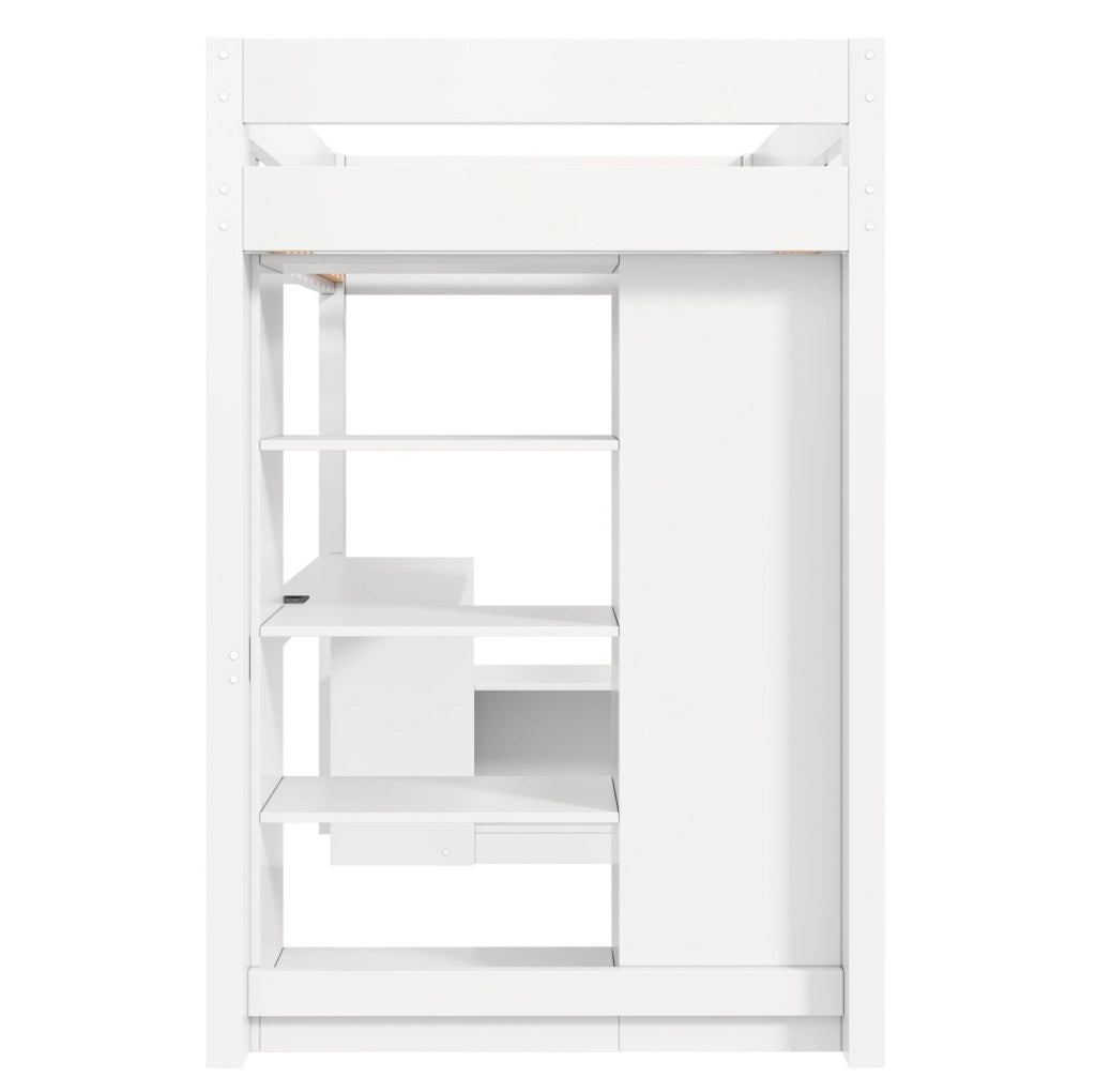Letto a soppalco 90x200 con scrivania; armadio e LED; legno massello e MDF; bianco